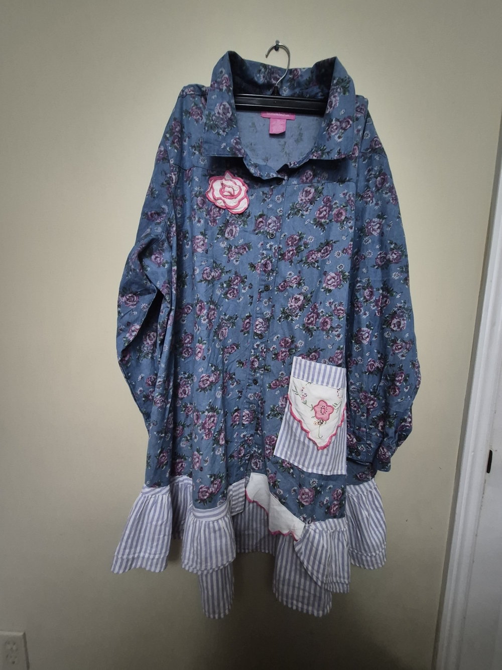 Woman Within Blue Floral Button-Front Tunic with Ruffle Hem